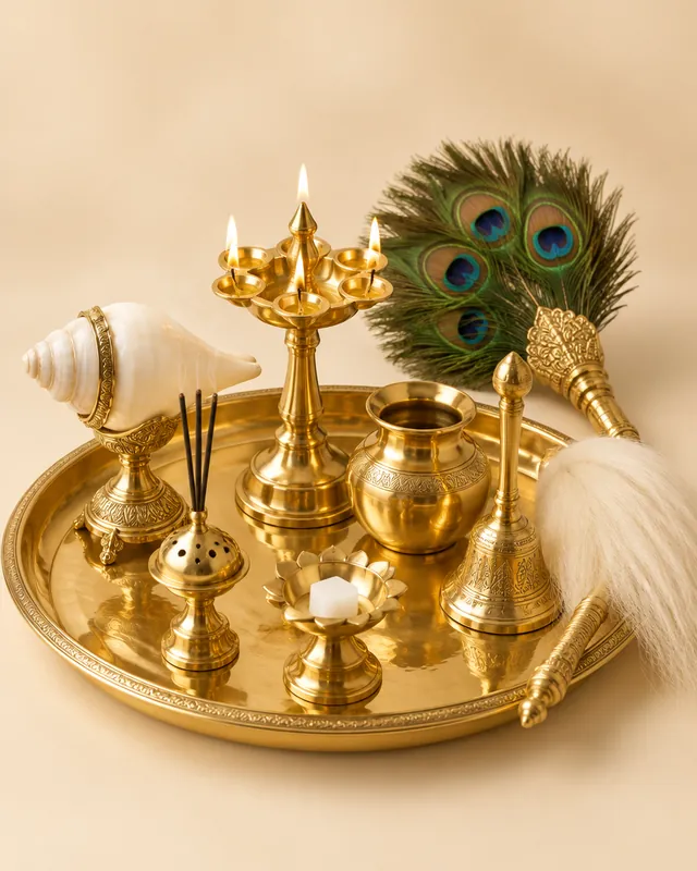 Complete Arati Set, 9 Items on Tray