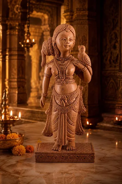 Vrinda Devi Murti with Parrot, Hand-Carved Wood
