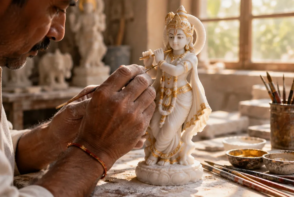 Artisan hand-painting gold details on a marble murti
