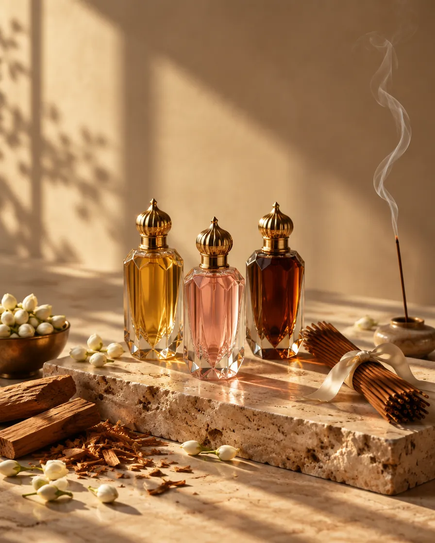 Crystal attar bottles and hand-rolled incense on travertine